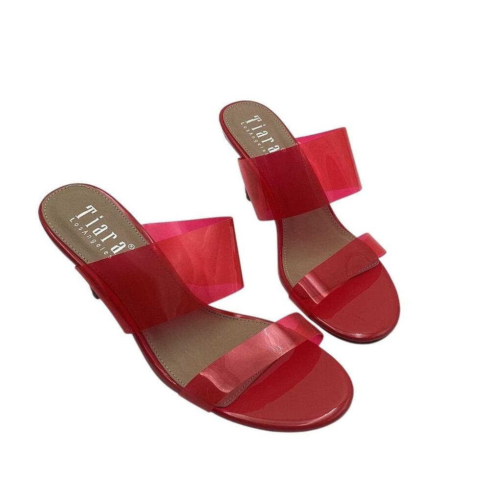 Tiara Los Angeles Women's Pink Block Heels Size 8.5‎ Open Toe Clear Straps